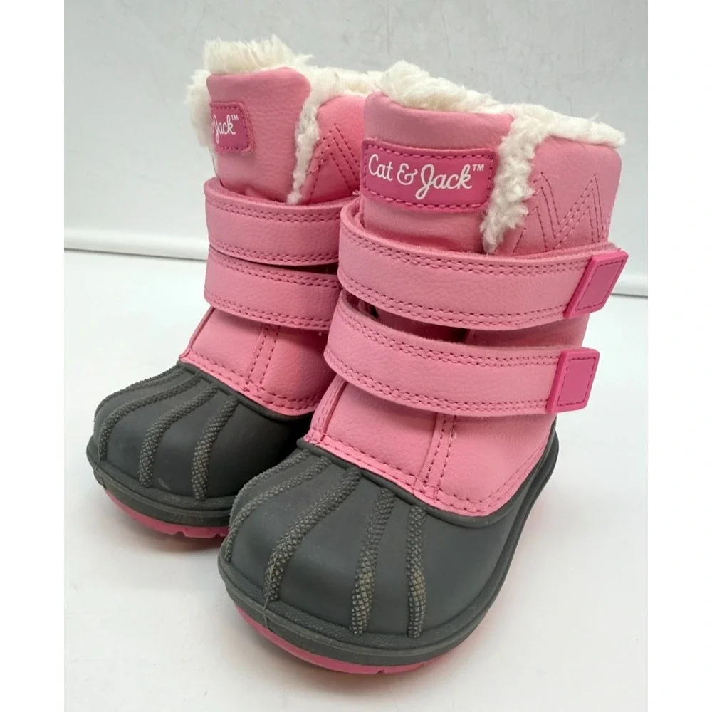 Cat & Jack Pink Grey Faux Fur Trim Winter Cute Snow Boots Toddler Girl's Size 5